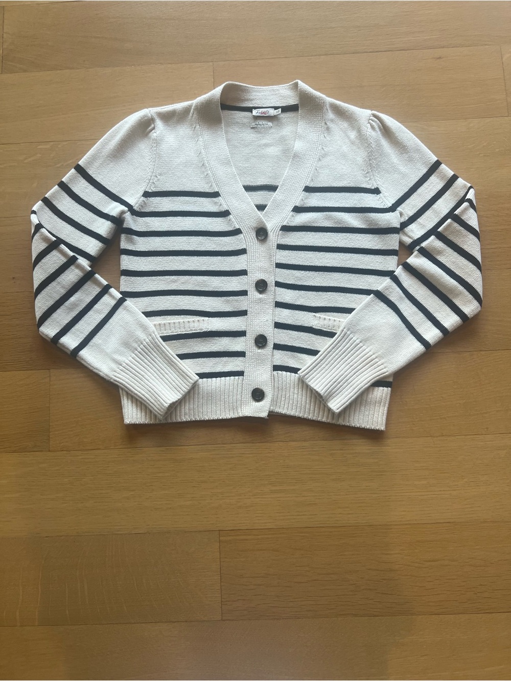 Fakery Striped V-Neck Button Cardigan Sweater - Cream & Black. Size Small